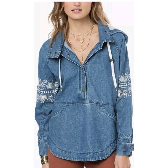 O'Neill Women's Boho Pullover Jacket Small Fleece Hood Lined Denim Embroidered - Picture 2 of 12